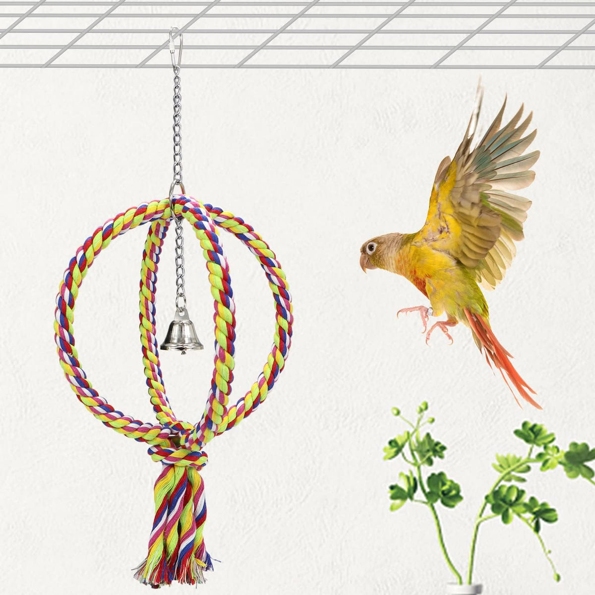 Bird Swing Perch Stand Cotton Rope 2 Two Rings Toy for Parrot Budgie Parakeet Cockatiel Conure Lovebird Finch Canary Cockatoo African Grey Macaw Eclectus Amazon Cage Accessories