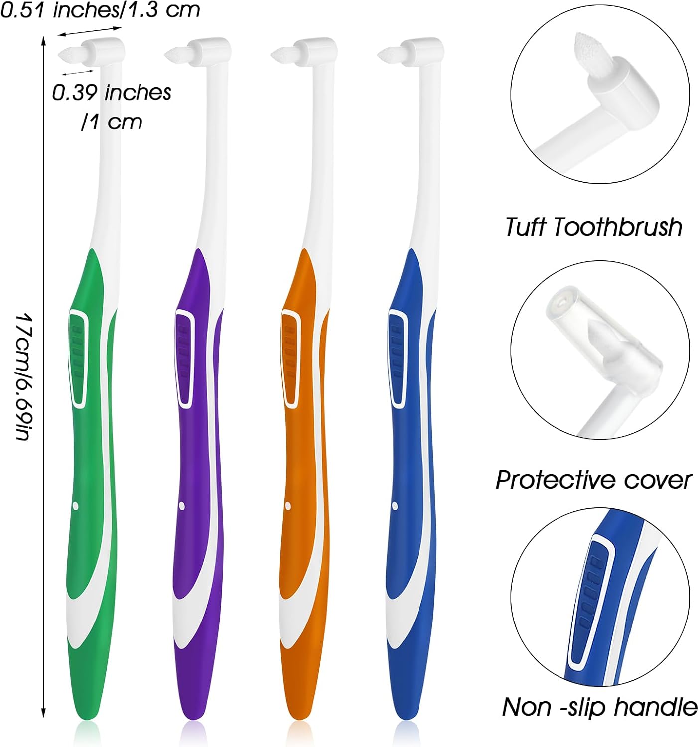 4pcs Tuft Toothbrush Single Tufted Slim Interspace Teeth Brushes End-tuft Tapered Compact Soft Dental Brushes for Detail Cleaning (Green + Blue + Yellow + Purple)
