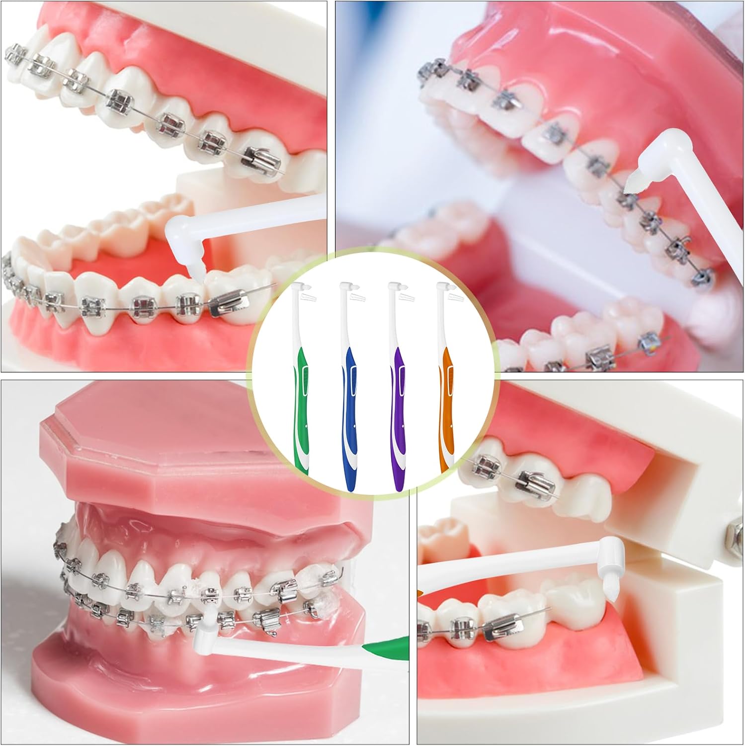 4pcs Tuft Toothbrush Single Tufted Slim Interspace Teeth Brushes End-tuft Tapered Compact Soft Dental Brushes for Detail Cleaning (Green + Blue + Yellow + Purple)