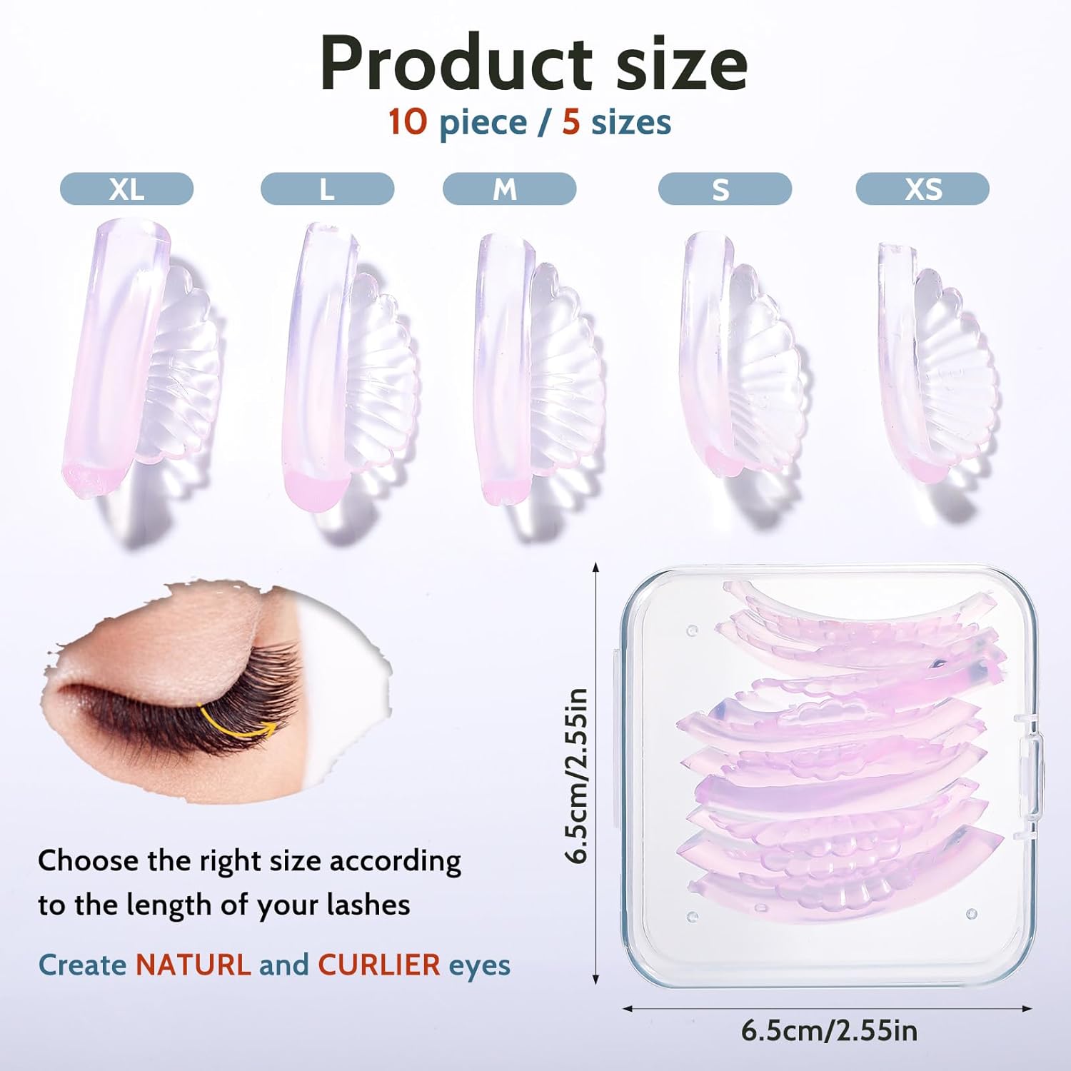 10 Pcs 5 Sizes Lash Lift Pads Self-Adhesive Super Soft Shell Pink Lash Perming Curler Shield Pads Reusable Professional Silicone Eyelash Curlers for All Eye Shapes Lash Lifting