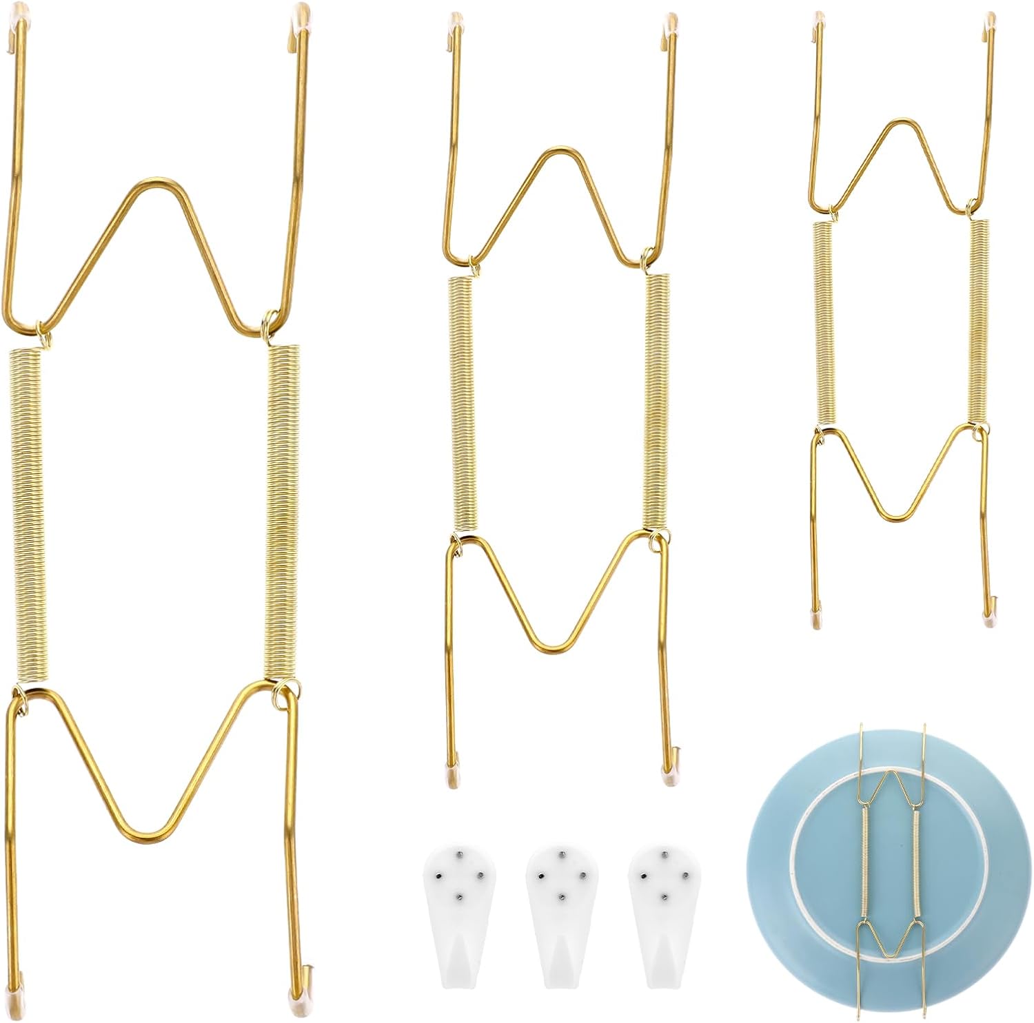 3pcs Plate Hanger for Wall, Stainless Steel 6 8 10 Inch Plate Hangers Invisible Decorative Wire Plate Holder with 3 Pack Wall Hooks and 15pcs Transparent Rubber Tip(Gold)