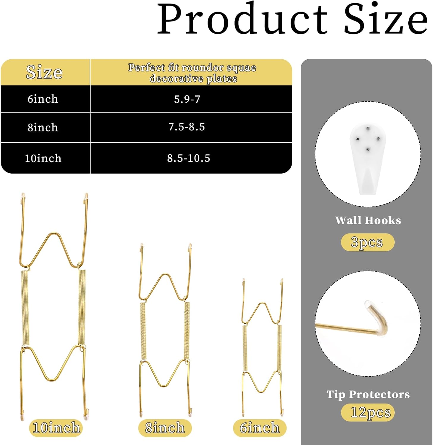 3pcs Plate Hanger for Wall, Stainless Steel 6 8 10 Inch Plate Hangers Invisible Decorative Wire Plate Holder with 3 Pack Wall Hooks and 15pcs Transparent Rubber Tip(Gold)