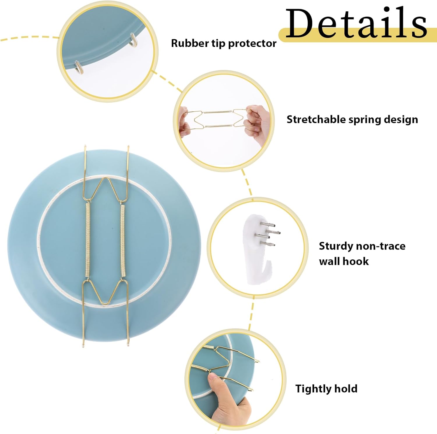 3pcs Plate Hanger for Wall, Stainless Steel 6 8 10 Inch Plate Hangers Invisible Decorative Wire Plate Holder with 3 Pack Wall Hooks and 15pcs Transparent Rubber Tip(Gold)