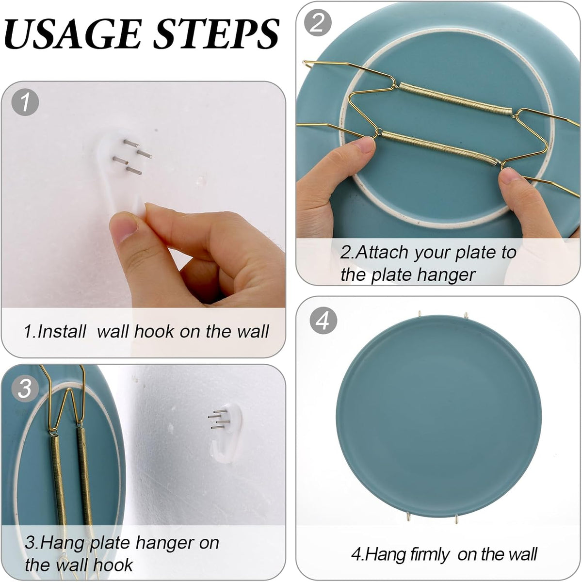 3pcs Plate Hanger for Wall, Stainless Steel 6 8 10 Inch Plate Hangers Invisible Decorative Wire Plate Holder with 3 Pack Wall Hooks and 15pcs Transparent Rubber Tip(Gold)