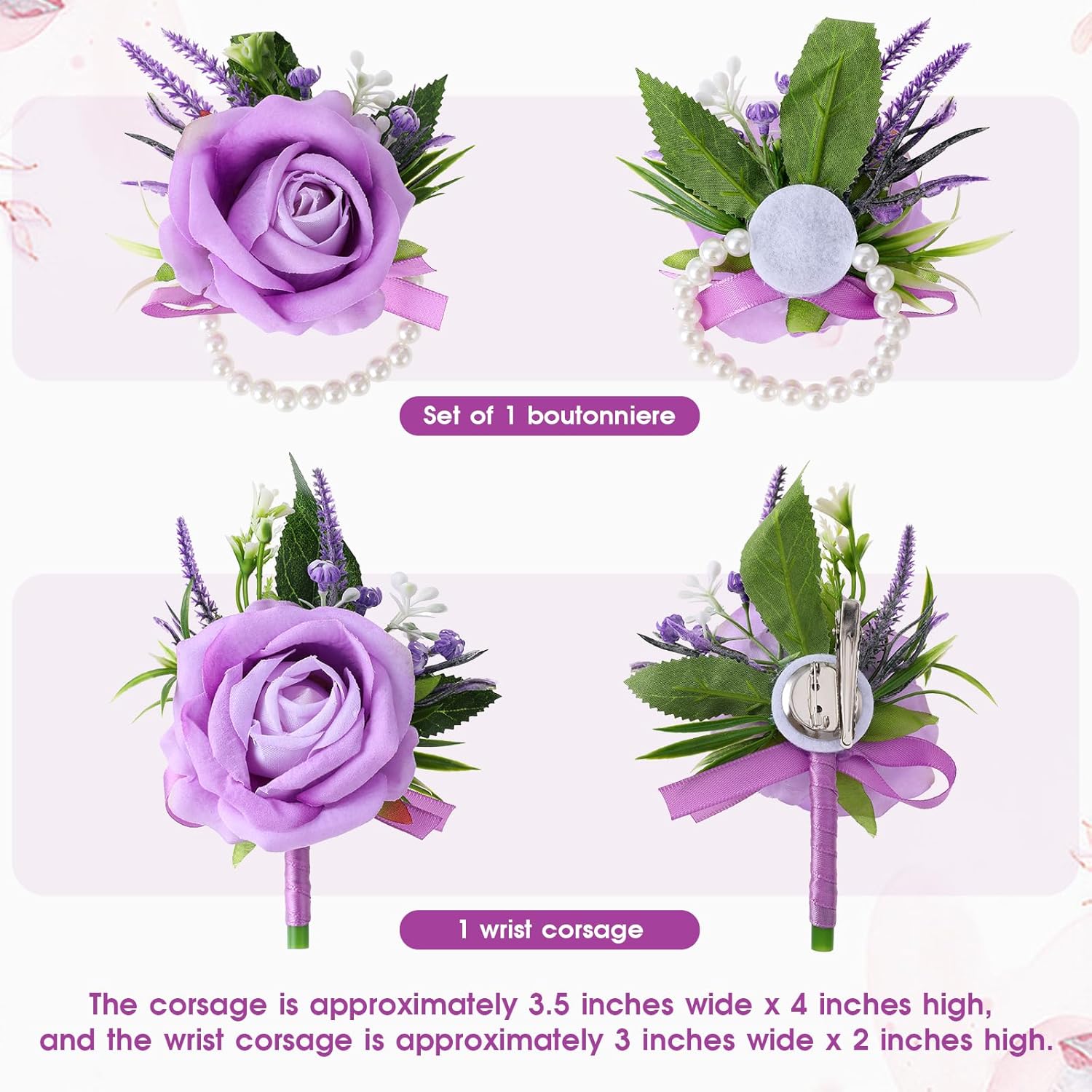 Purple Corsage and Boutonniere Set Handmade Artificial Flower Bride Wrist Corsage Bracelets Men Boutonniere Flowers Accessories Wristband for Wedding Prom Homecoming Party