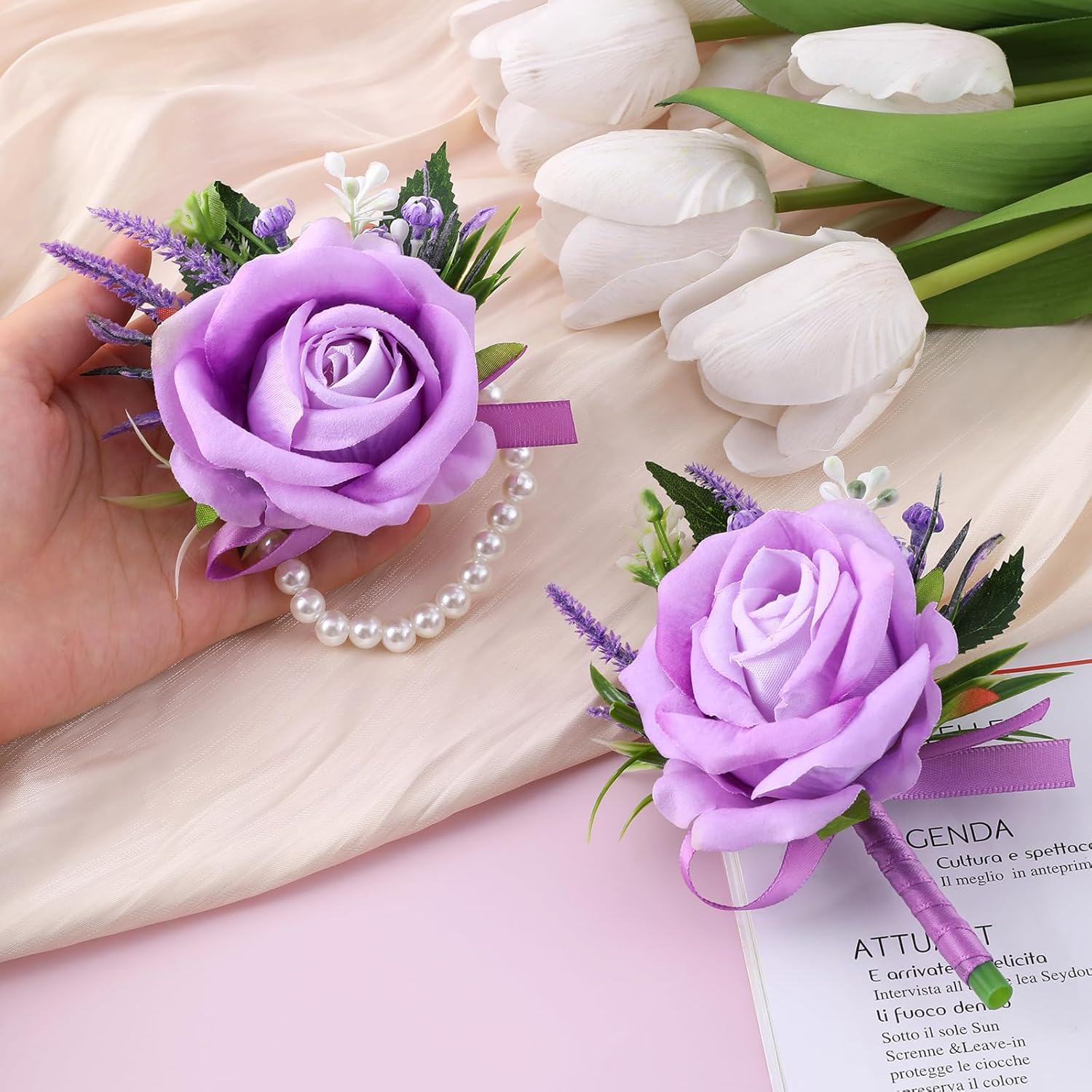 Purple Corsage and Boutonniere Set Handmade Artificial Flower Bride Wrist Corsage Bracelets Men Boutonniere Flowers Accessories Wristband for Wedding Prom Homecoming Party