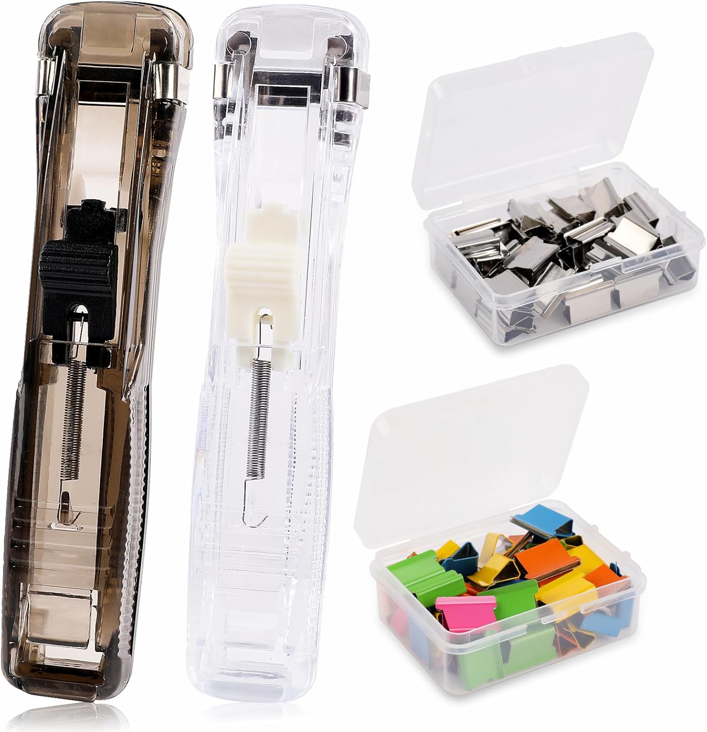 2 Pcs Portable Handheld Paper Clam Clip Dispenser Paper Clam Clip Dispenser with 100 Pcs Paper Clam Clip Refills Mini Push Stapler Paper Cip Dispenser Paper Clamps for Fixing Paper Documents