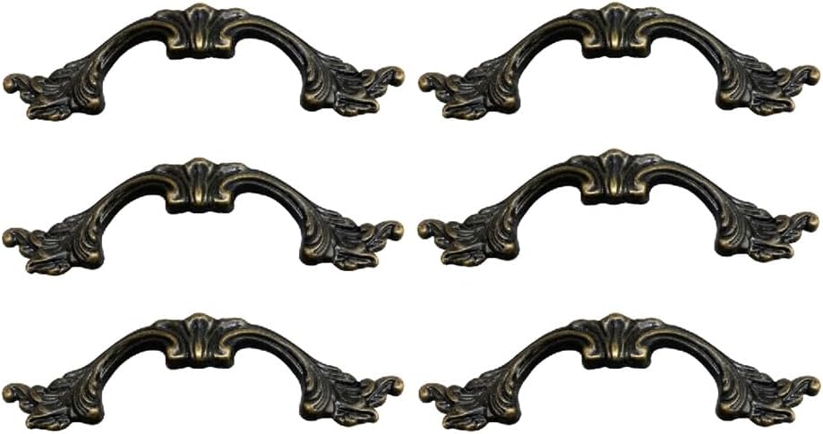 6-Pack French Drawer Pulls - Antique Brass, 3.38" Hole Centers, Vintage Shabby Chic Pulls for Dresser Nightstand Cabinet