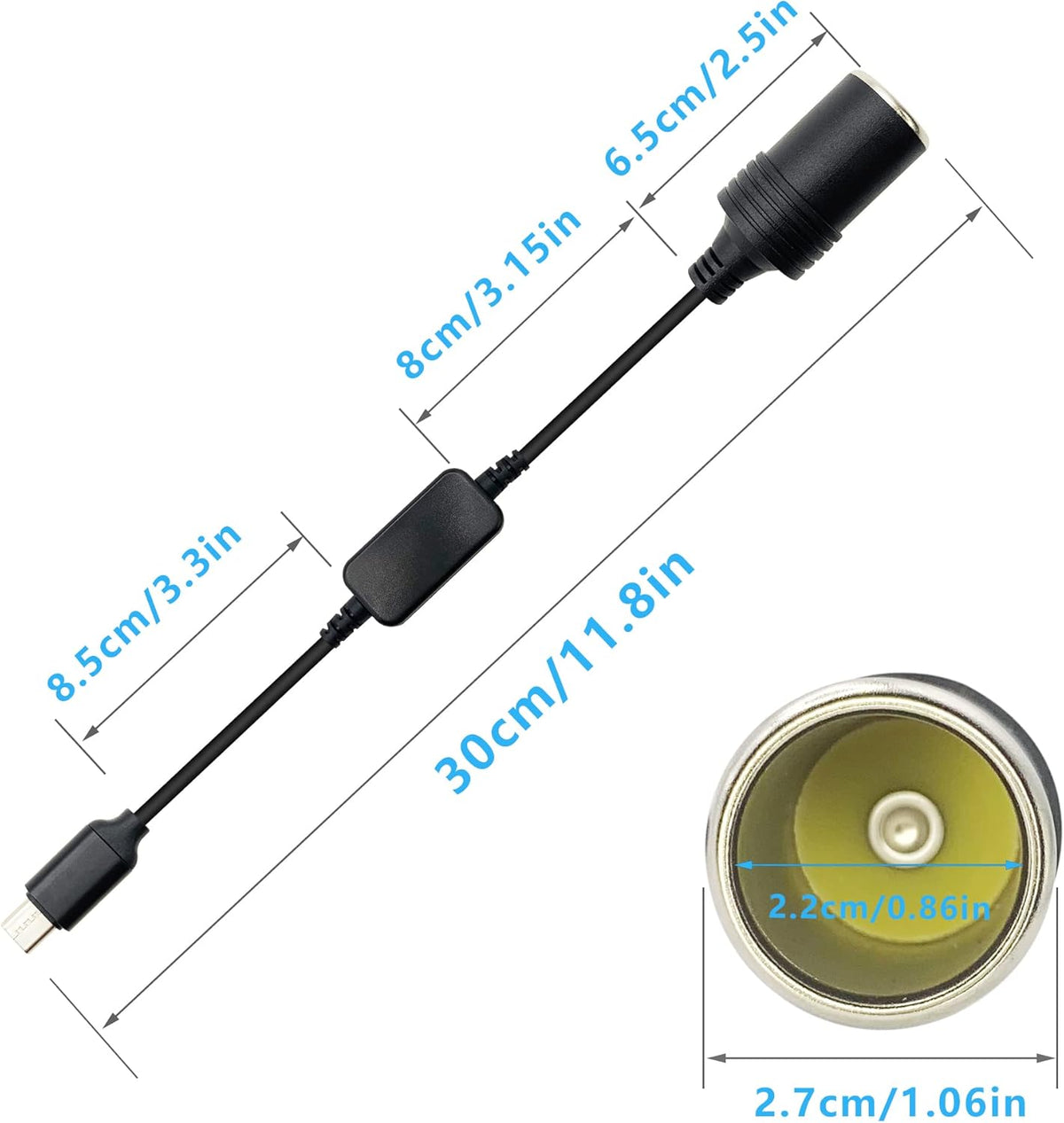 USB C Male to 12V Car Cigarette Lighter Socket Female Converter Cable 1 Ft,USB C to Cigarette Lighter Adapter for Dash Cam, GPS