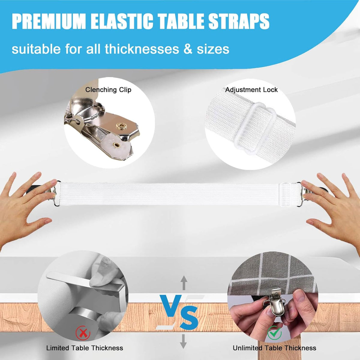 Table Cloth Holder Clips Hidden Strap 5 Pack, Adjustable Elasticity Picnic Tablecloth Clip Indoor Outdoor Large Clamp for Thick Tables Bench Cover Party Restaurant Camping RV Essential Accessories