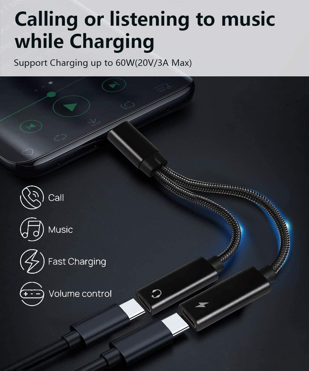 USB C Splitter, Dual USB C Headphones and Charger Adapter with PD 60W Fast Charging for iPhone 16/16Pro/16Pro Max, Pixel 8 7 6XL,Samsung Galaxy S25 S24 S23 S22+ Note 20 and More