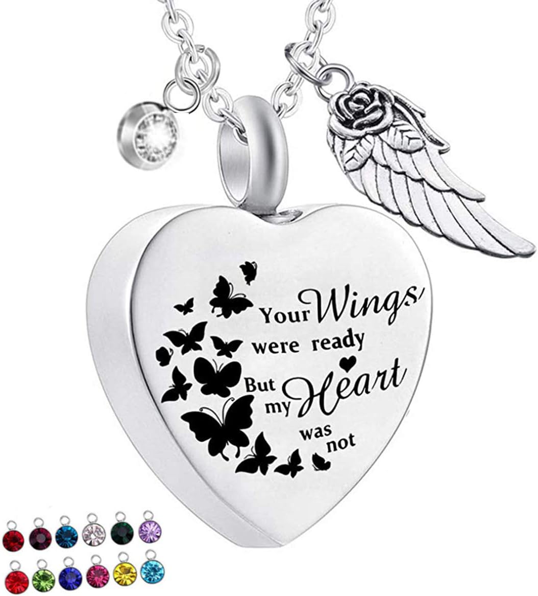 Heart Shape Cremation Urn Necklace for Ashes with 12 Birthstones Memorial Pendant - Your Wings Were Ready But My Heart Was Not