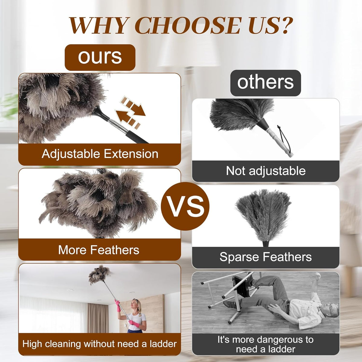 40 inches Extendable Ostrich Feather Duster， Fluffy Long Handle Reusable Duster for Cleaning Ceiling Fans, Pendant Lamps, High Ceilings, Blinds, and Furniture