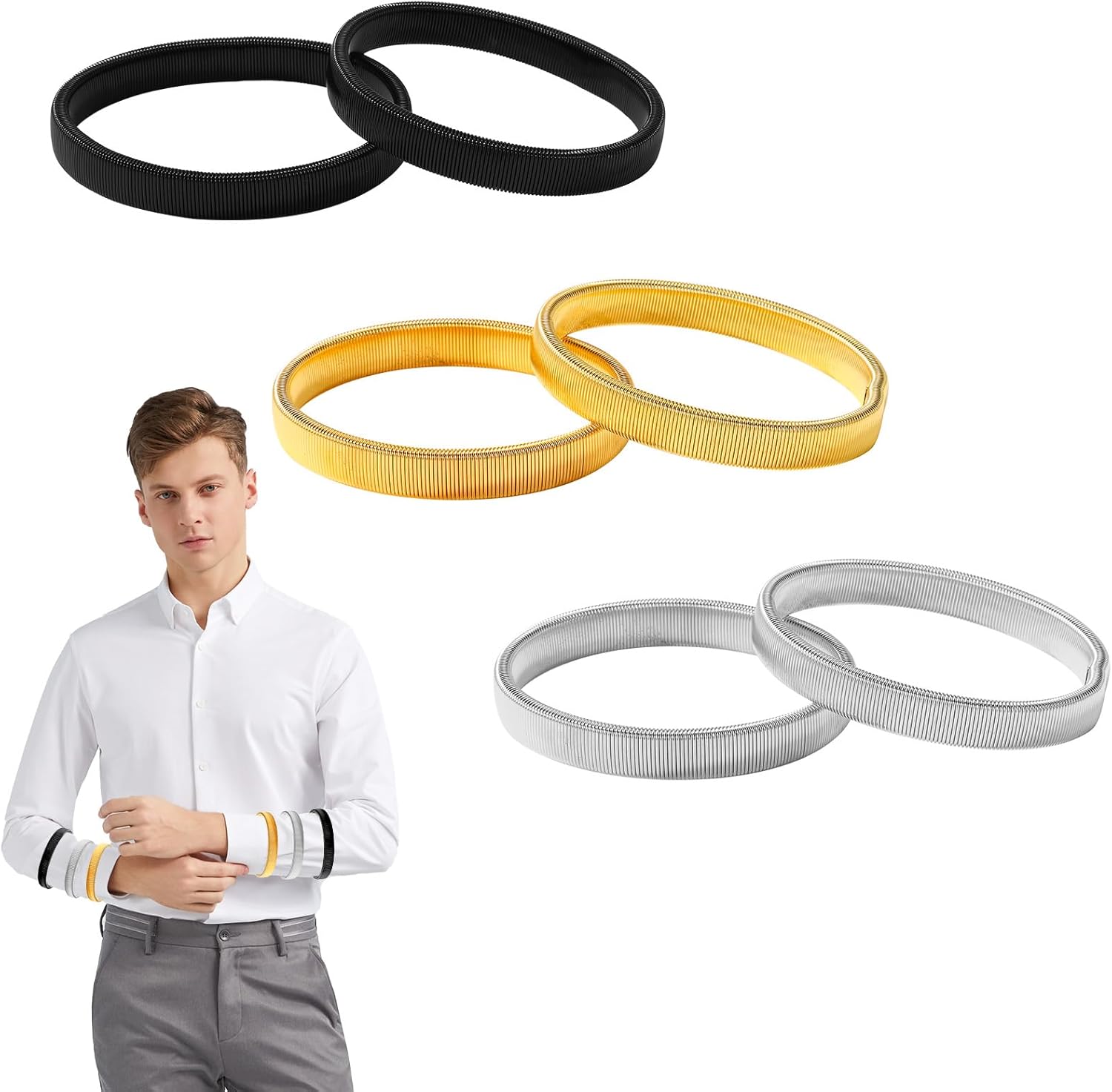 6pcs Sleeve Garters, Anti-Slip Shirt Sleeve Holder Stretchy Metal Arm Band Unisex Arm Strap to Hold up Sleeves Armbands for Women Men (Black, Gold, Silver)