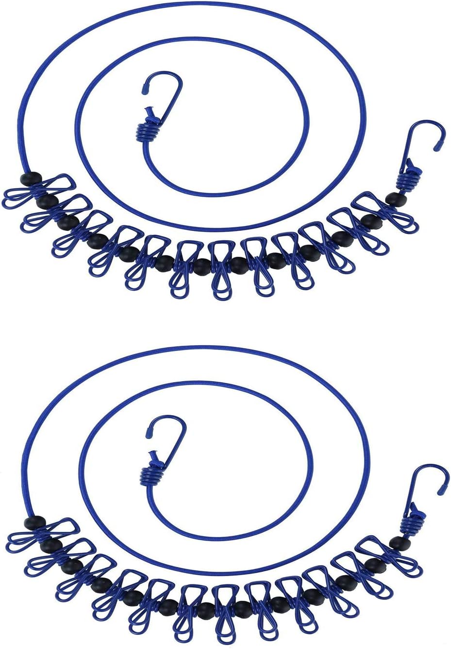 2 Pack 11 Feet Windproof Clothesline with 12 Blue Clips, Adjustable Clothes Line for Home, Travel and Outdoor Hanging Clothes
