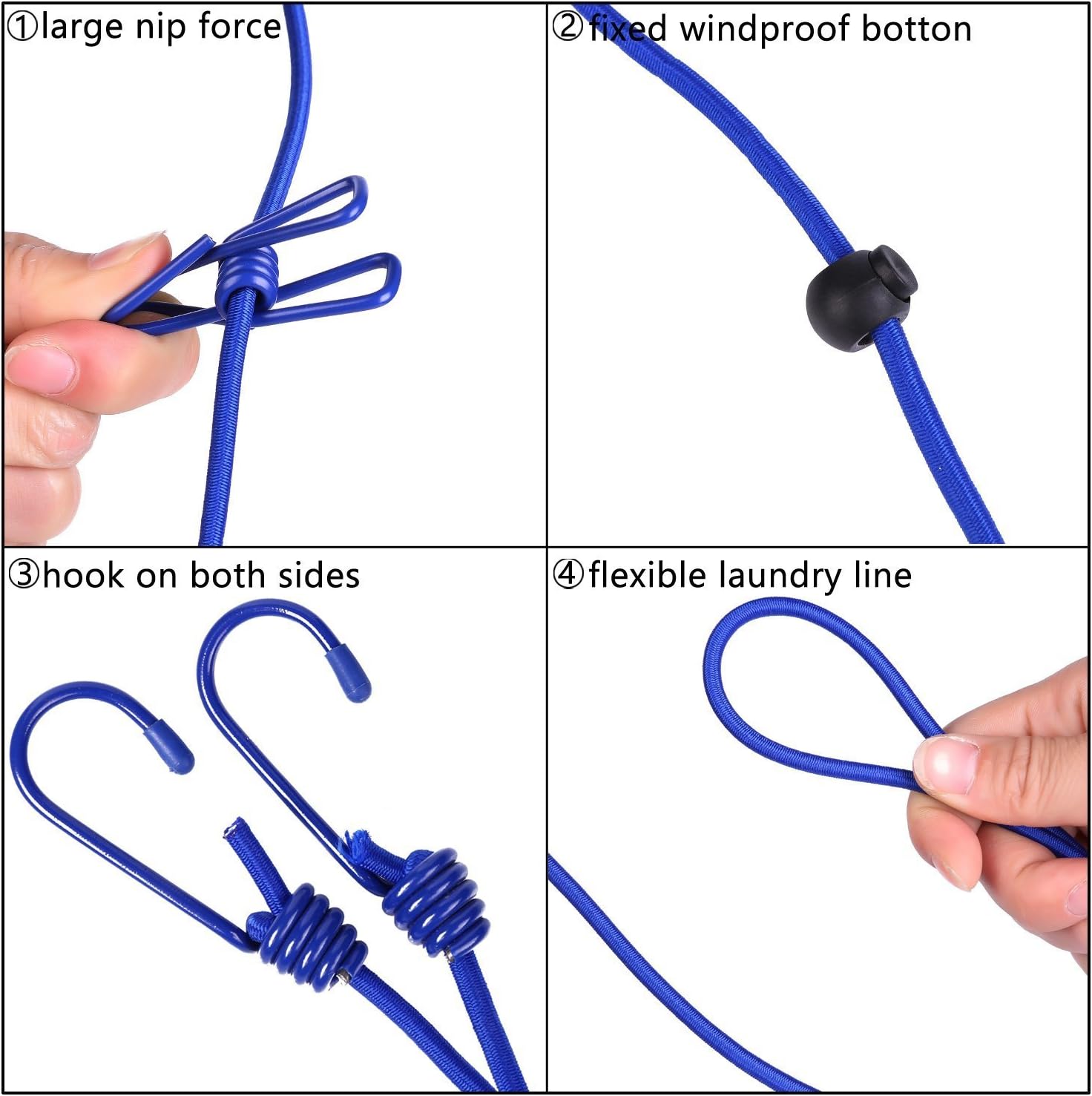 2 Pack 11 Feet Windproof Clothesline with 12 Blue Clips, Adjustable Clothes Line for Home, Travel and Outdoor Hanging Clothes