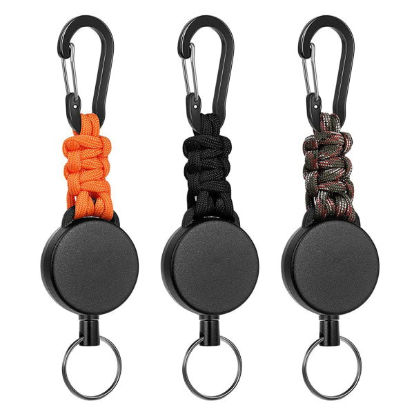 Retractable Key Rings Carabiner with 60cm Steel Cable and Key Ring 170g-200g Tensile Strength 3-Pack