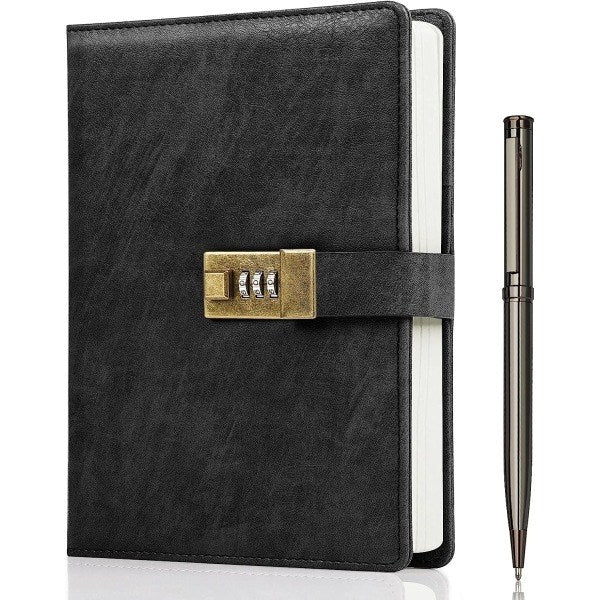 Diary with Lock, A5 PU Leather Journal with Lock, 240 Pages, Vintage Lock Journal Password Protected Notebook with Pen and Gift Box, 22 x 14.7 cm