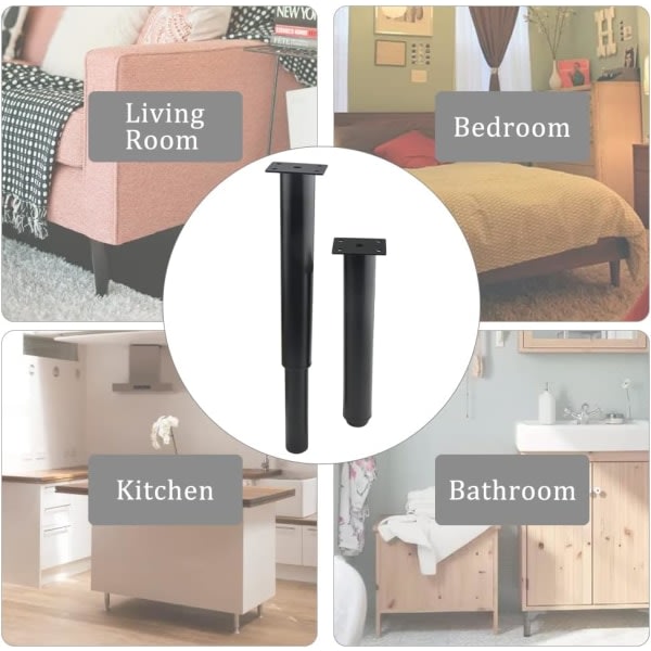(25-42 cm, black) Set of 4 sturdy adjustable metal furniture legs