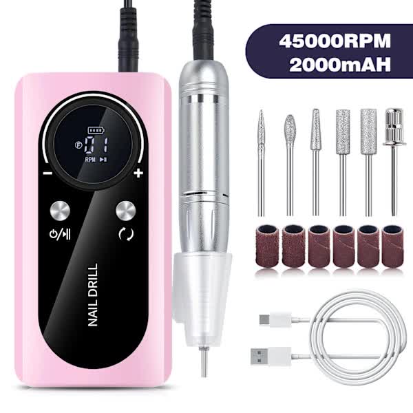 Electric Nail File Rechargeable Portable 45000 rpm Pink