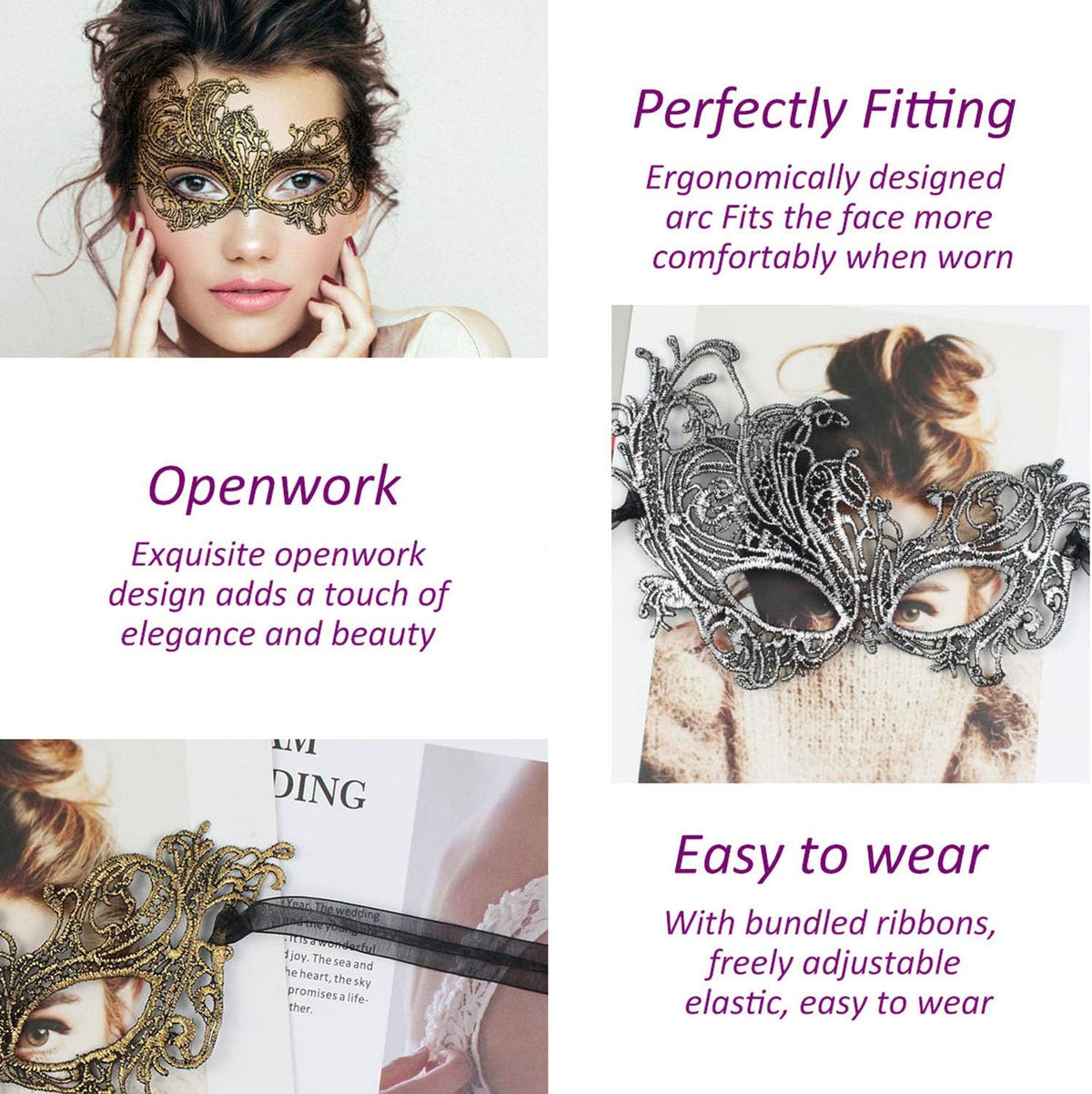 Venetian Masquerade Mask for Women Elegant Lace Halloween Mardi Gras Party Gold Silver Black
