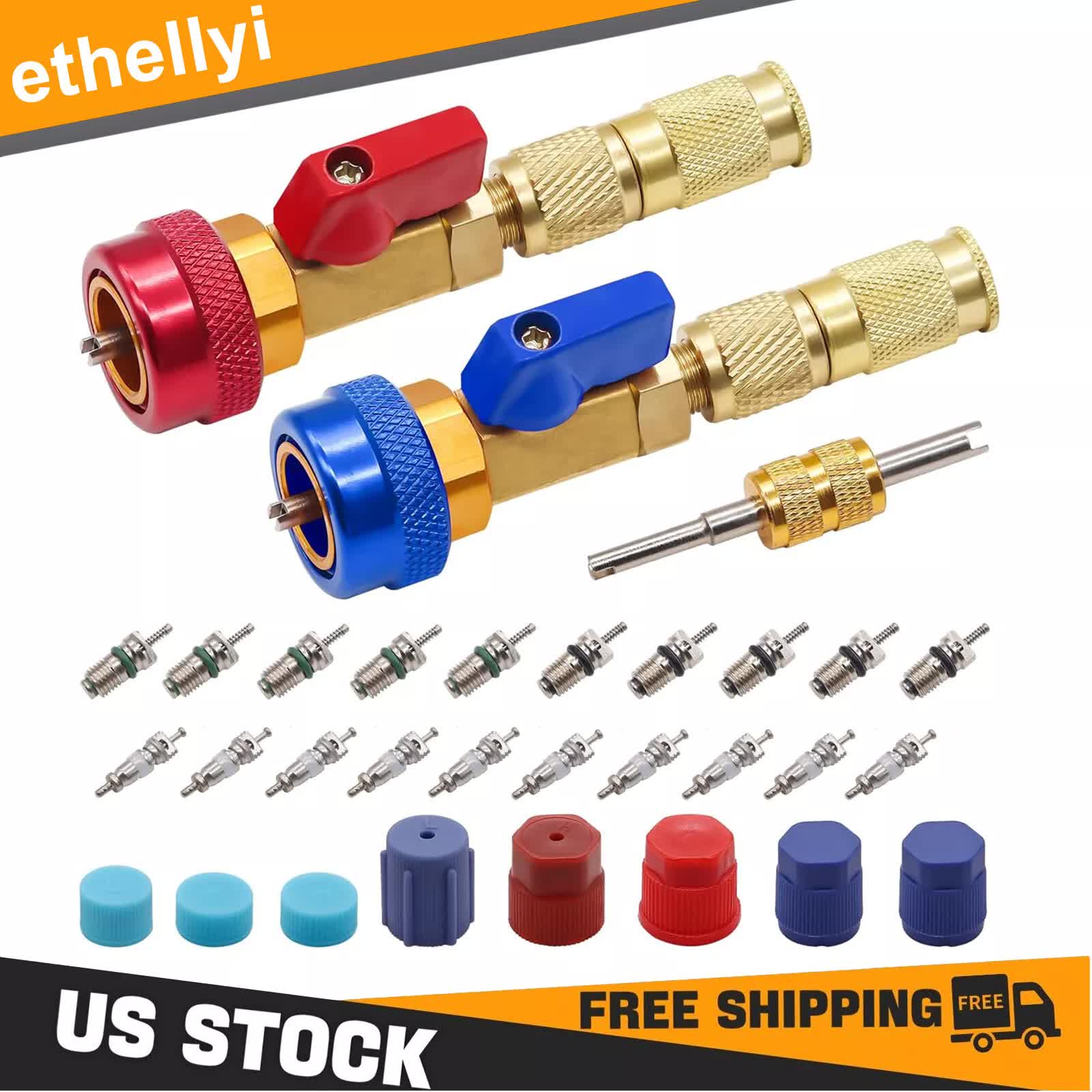 Professional Car AC Repair Kit with Quick Release for R134A Systems, Schrader Valve Core Removal Tool Compatible with High and Low Pressure