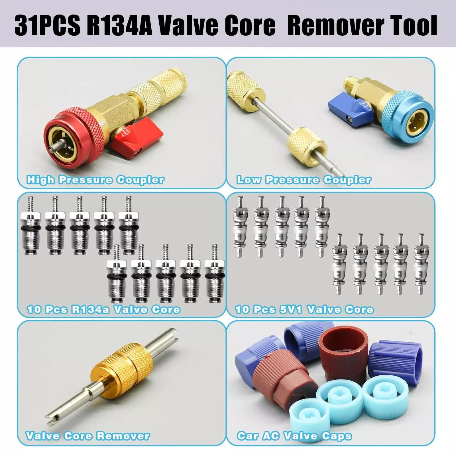 Professional Car AC Repair Kit with Quick Release for R134A Systems, Schrader Valve Core Removal Tool Compatible with High and Low Pressure