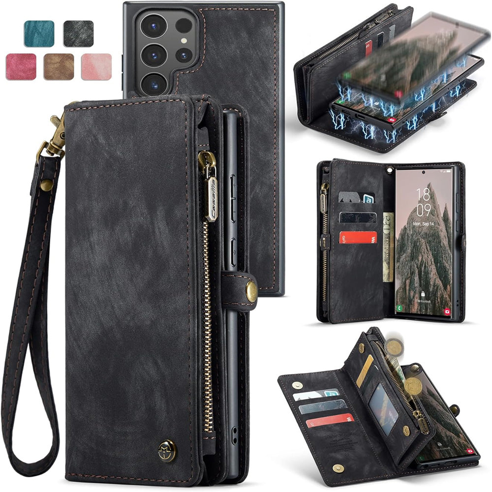 Samsung Galaxy S25 Leather Magnetic Zipper Wallet Case 2-in-1 Detachable Flip Cover with Card Holder Compatible with iPhone 16 Black