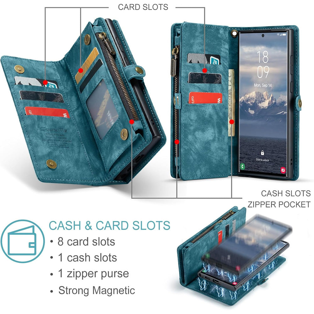 Samsung Galaxy S25 Leather Magnetic Zipper Wallet Case 2-in-1 Detachable Flip Cover with Card Holder Compatible with iPhone 16 Black