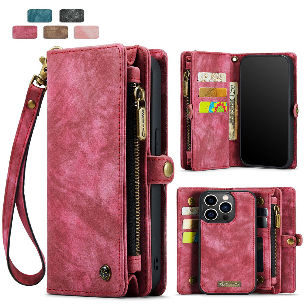 iPhone 16 Pro Max Leather Wallet Case with Magnetic Zipper, Detachable 2-in-1 Flip Cover with Card Holder Compatible with iPhone 16 Pro Max in Dark Pink