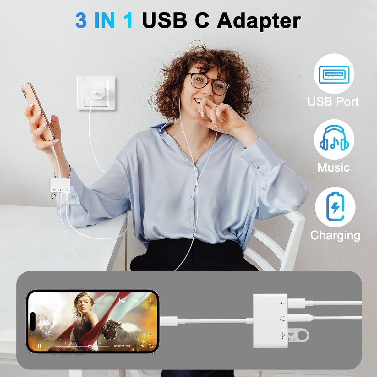 USB C to 3.5mm Jack Audio Adapter with Fast Charging OTG White