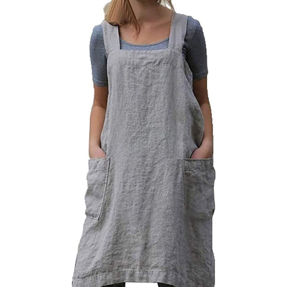 Gray Women's Cotton and Linen Apron with Cross Back and Large Pocket, Size M
