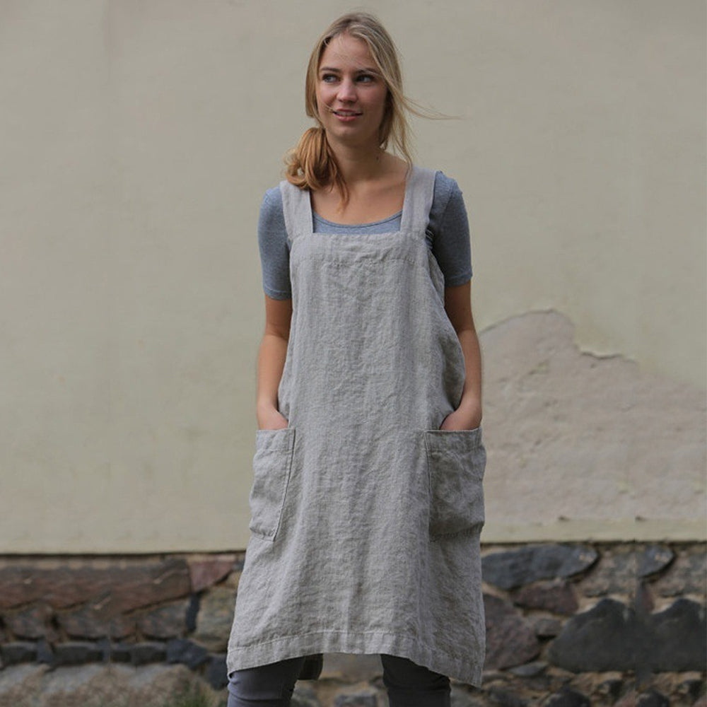 Gray Women's Cotton and Linen Apron with Cross Back and Large Pocket, Size M