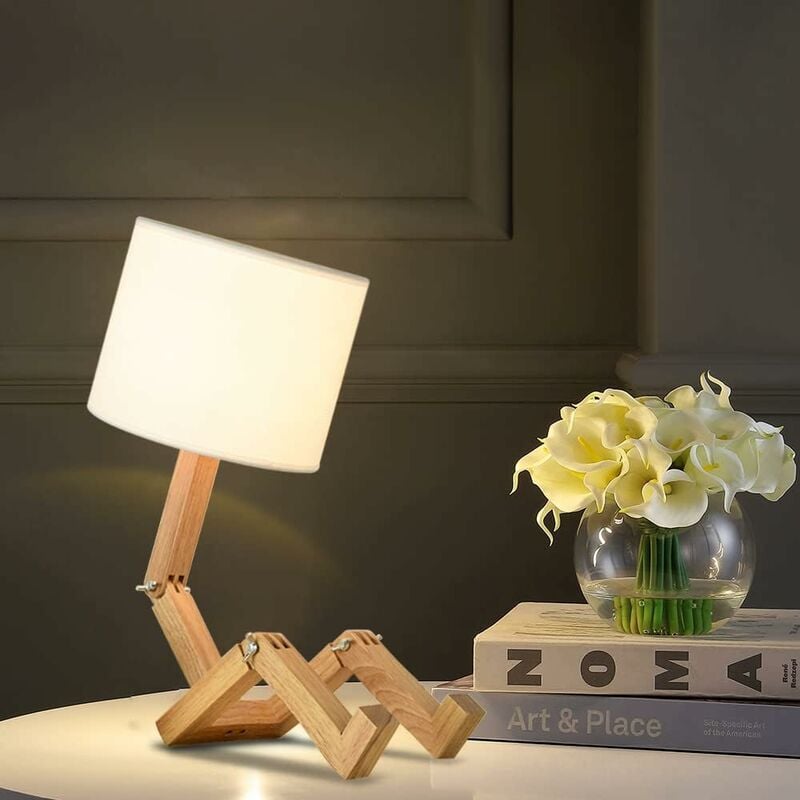 Creative Robot Desk Lamp, Adjustable Can Place Books Wooden Bedside Lamp with Fabric Lampshade E27 Screw for Decorative Lighting [Energy Class A] NPTERBL