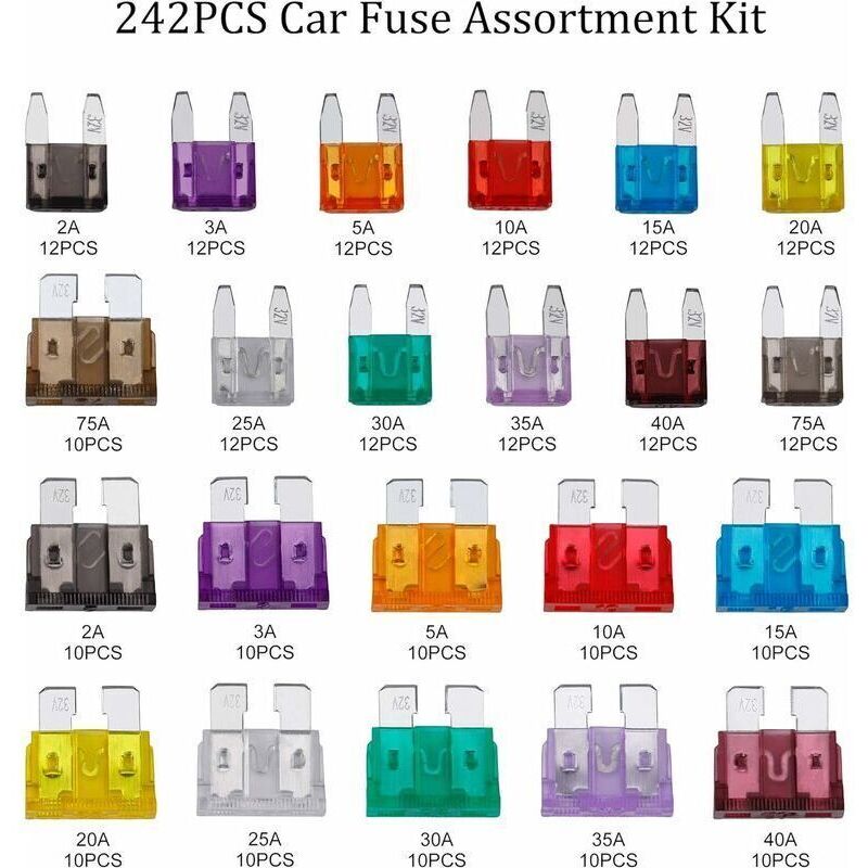 Car Fuse Auto Mini Fuses Assorted Kit 2A 3A 5A 7.5A 10A 15A 20A 25A 30A 35A 40A with Clip Storage Box 242 pcs, by DEBUNS