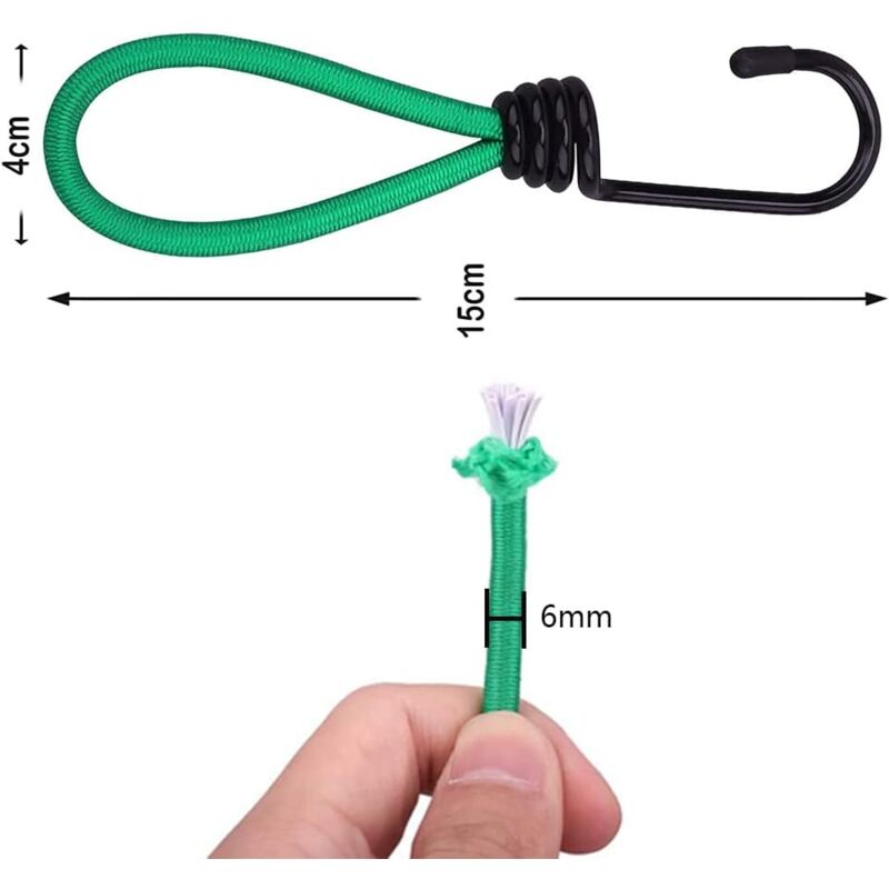 Rubber Straps with Hooks 16 Pieces Green, for Camping Tents, Tarpaulins, and Awnings
