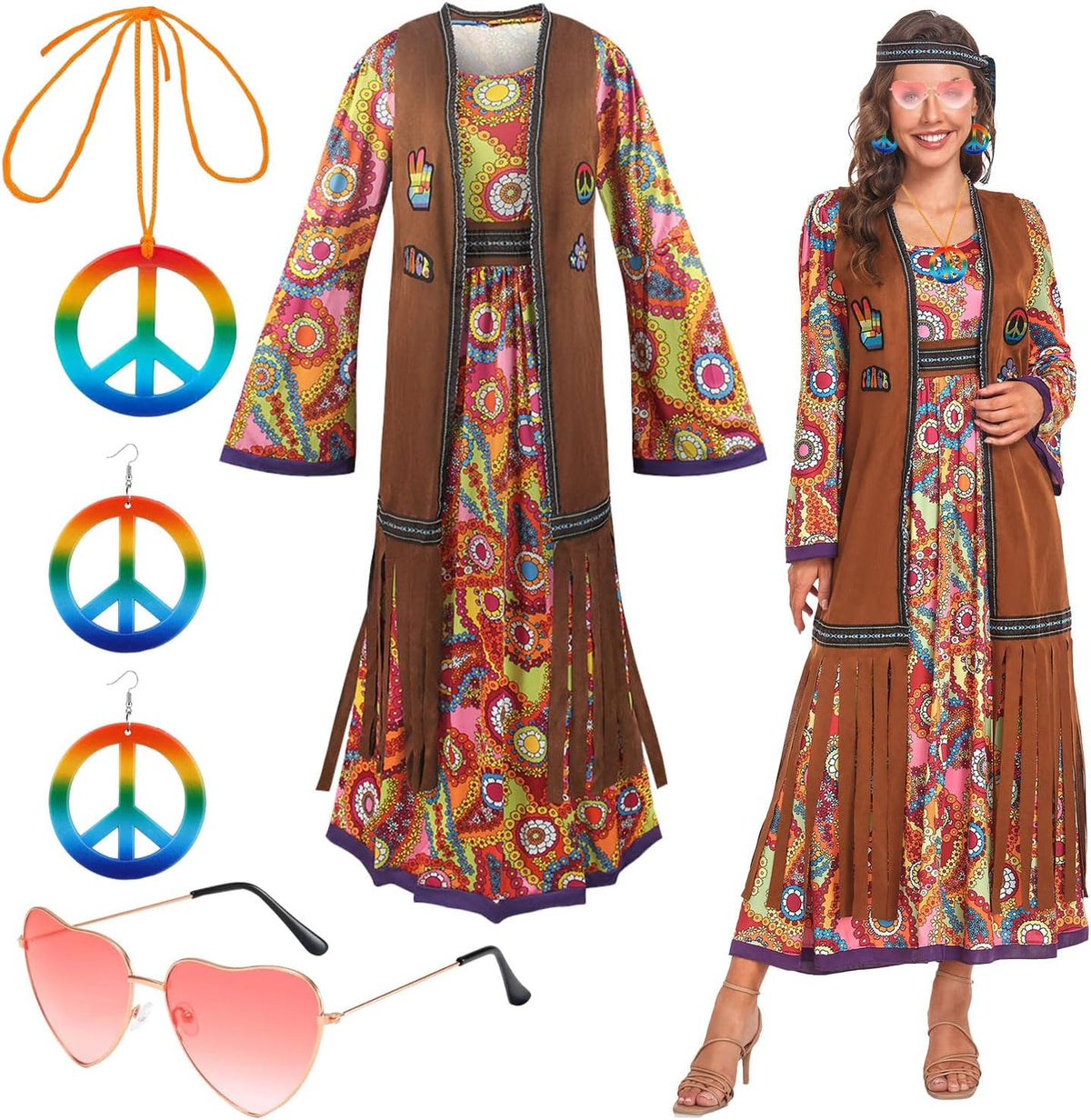 60s costume women, hippie women's dress set, 70s disco halloween outfits, hippie clothing women's costume, 60s clothing accessories L