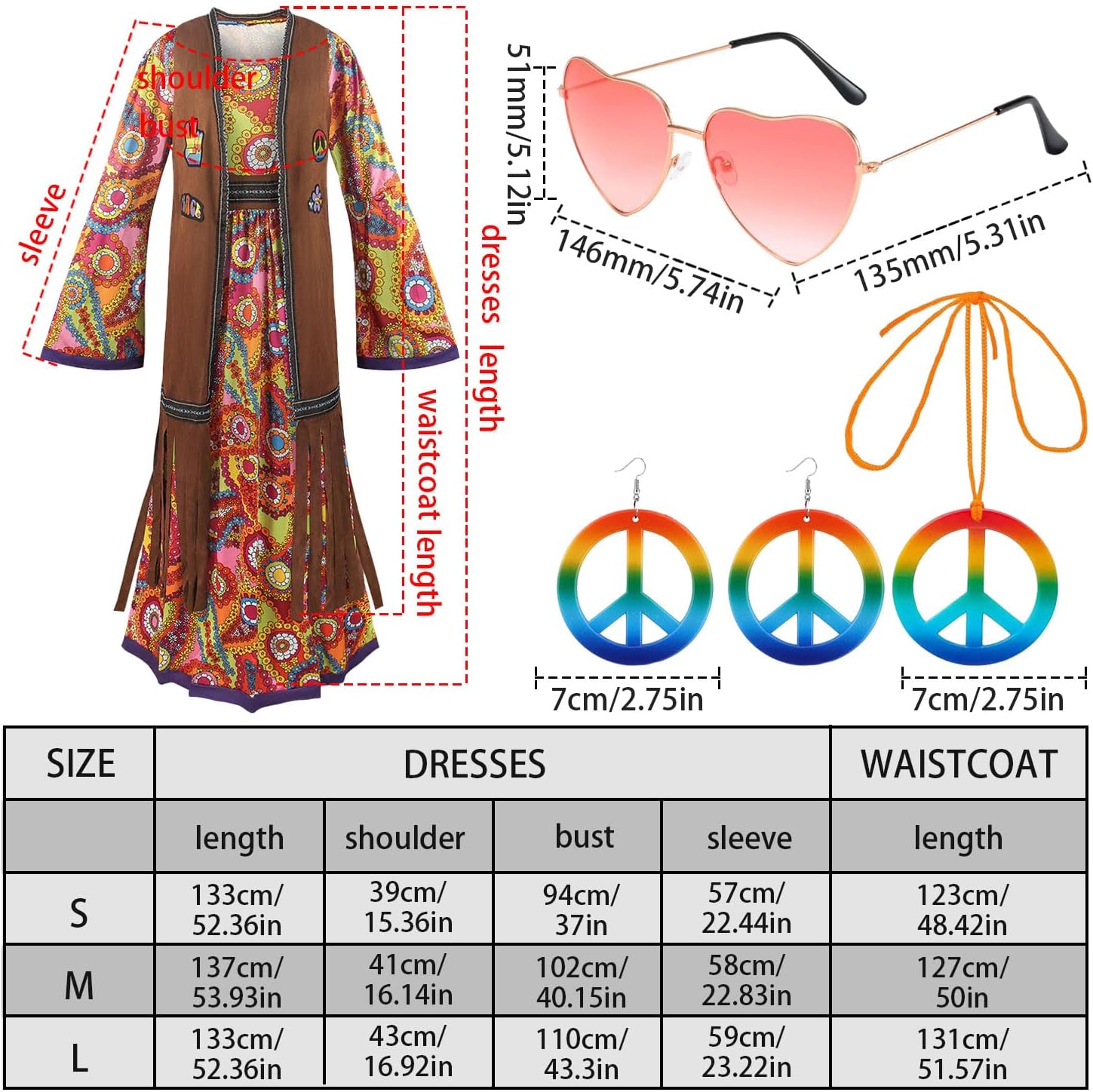 60s costume women, hippie women's dress set, 70s disco halloween outfits, hippie clothing women's costume, 60s clothing accessories L