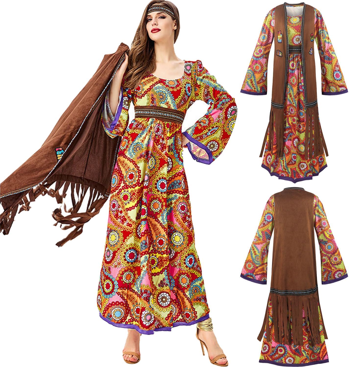 60s costume women, hippie women's dress set, 70s disco halloween outfits, hippie clothing women's costume, 60s clothing accessories L