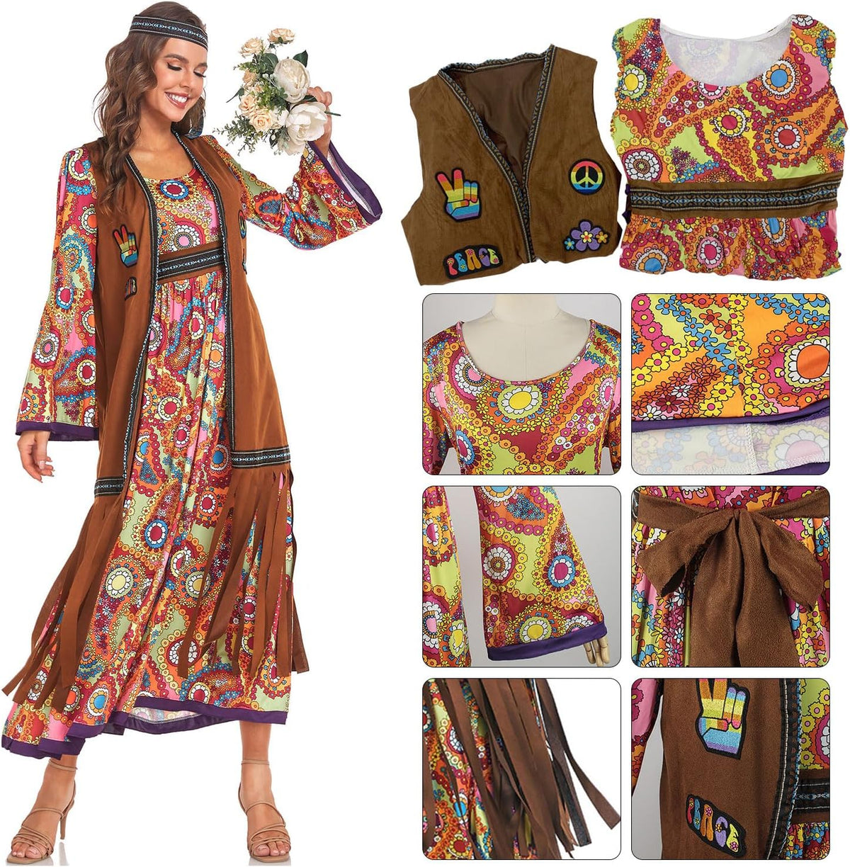 60s costume women, hippie women's dress set, 70s disco halloween outfits, hippie clothing women's costume, 60s clothing accessories L