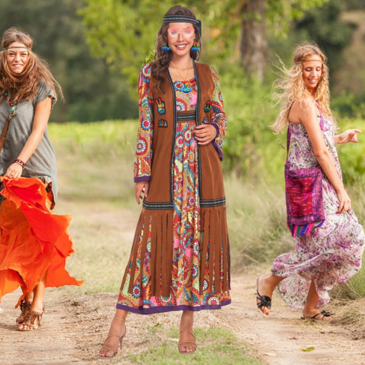 60s costume women, hippie women's dress set, 70s disco halloween outfits, hippie clothing women's costume, 60s clothing accessories L
