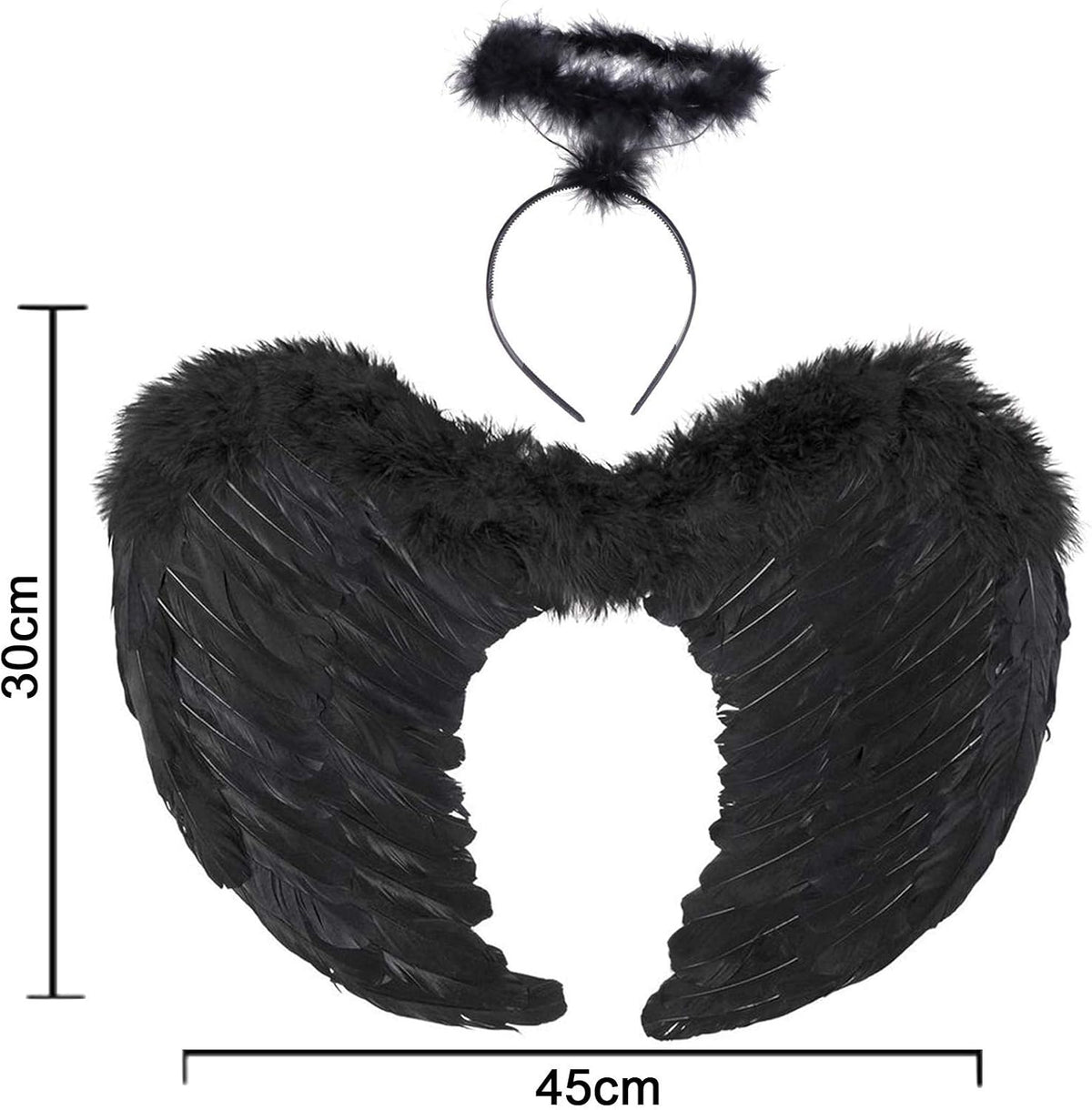 Black Angel Wings Costume - 45cm, with Halo, Compatible with Women Girls Fallen Feather Wings