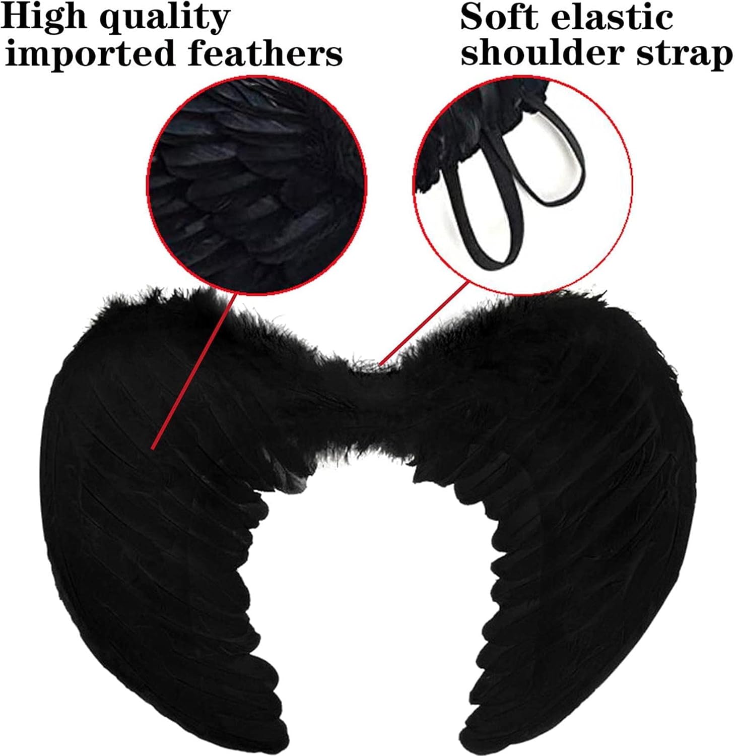 Black Angel Wings Costume - 45cm, with Halo, Compatible with Women Girls Fallen Feather Wings