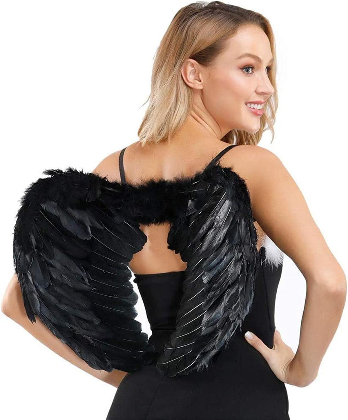 Black Angel Wings Costume - 45cm, with Halo, Compatible with Women Girls Fallen Feather Wings