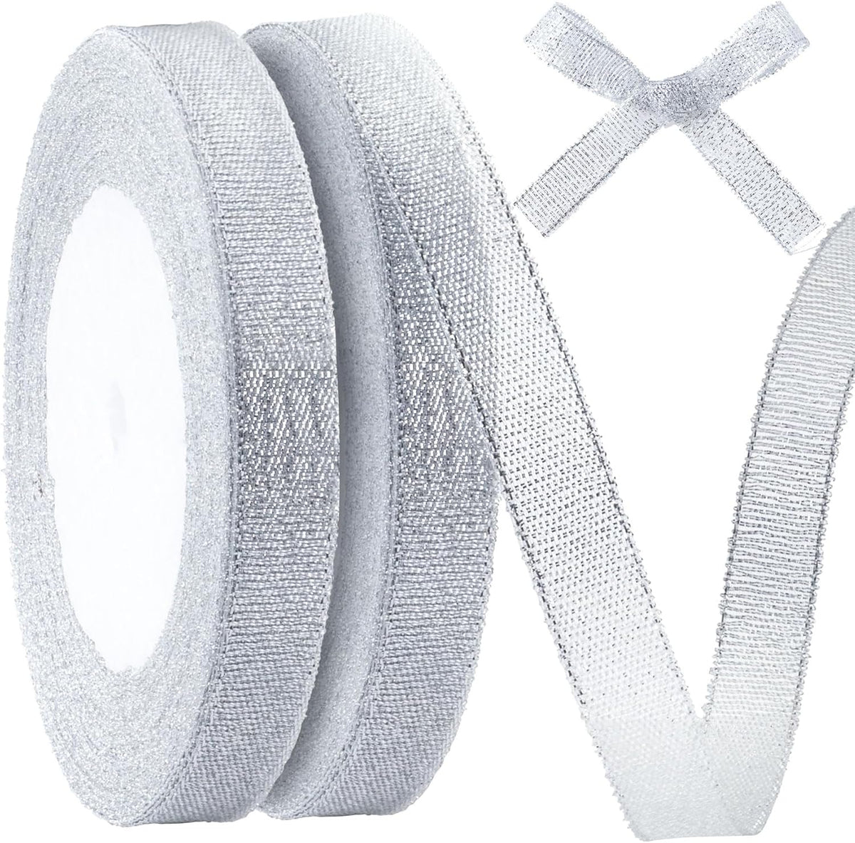 1/2in 50 Yard Silver Ribbon for Gift Wrapping, Glossy Sheer Satin Ribbon, Glitter Thin Fabric for Christmas Halloween Wedding Birthday Party Valentines Day Bouquet Decoration
