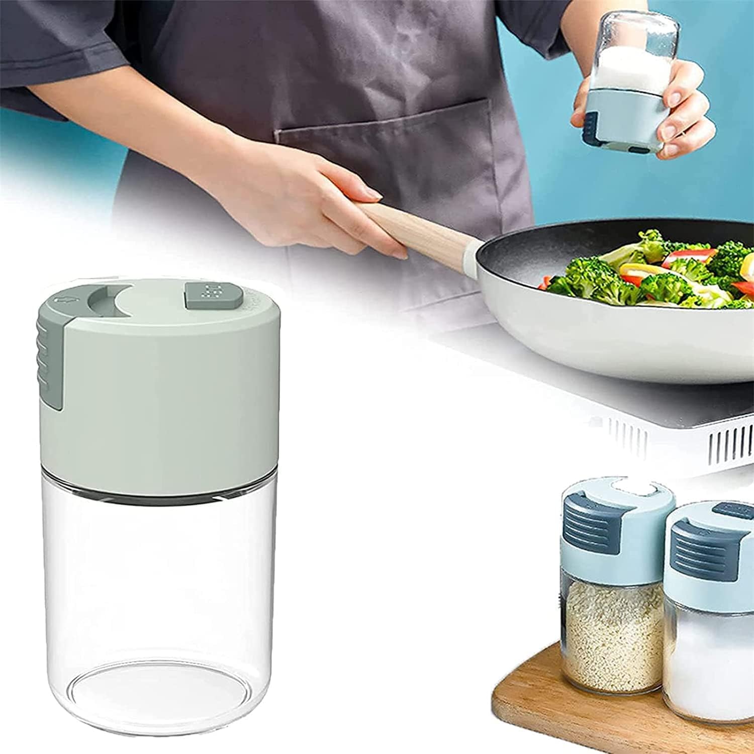 Metering Salt Shaker, Glass Metered Salt Dispenser, Press Type Quantitative Salt Glass Seasoning Bottle, Can Spice Salt Cumin Powder Pepper Shakers BBQ Condiment Seasoning Bottle (Green)