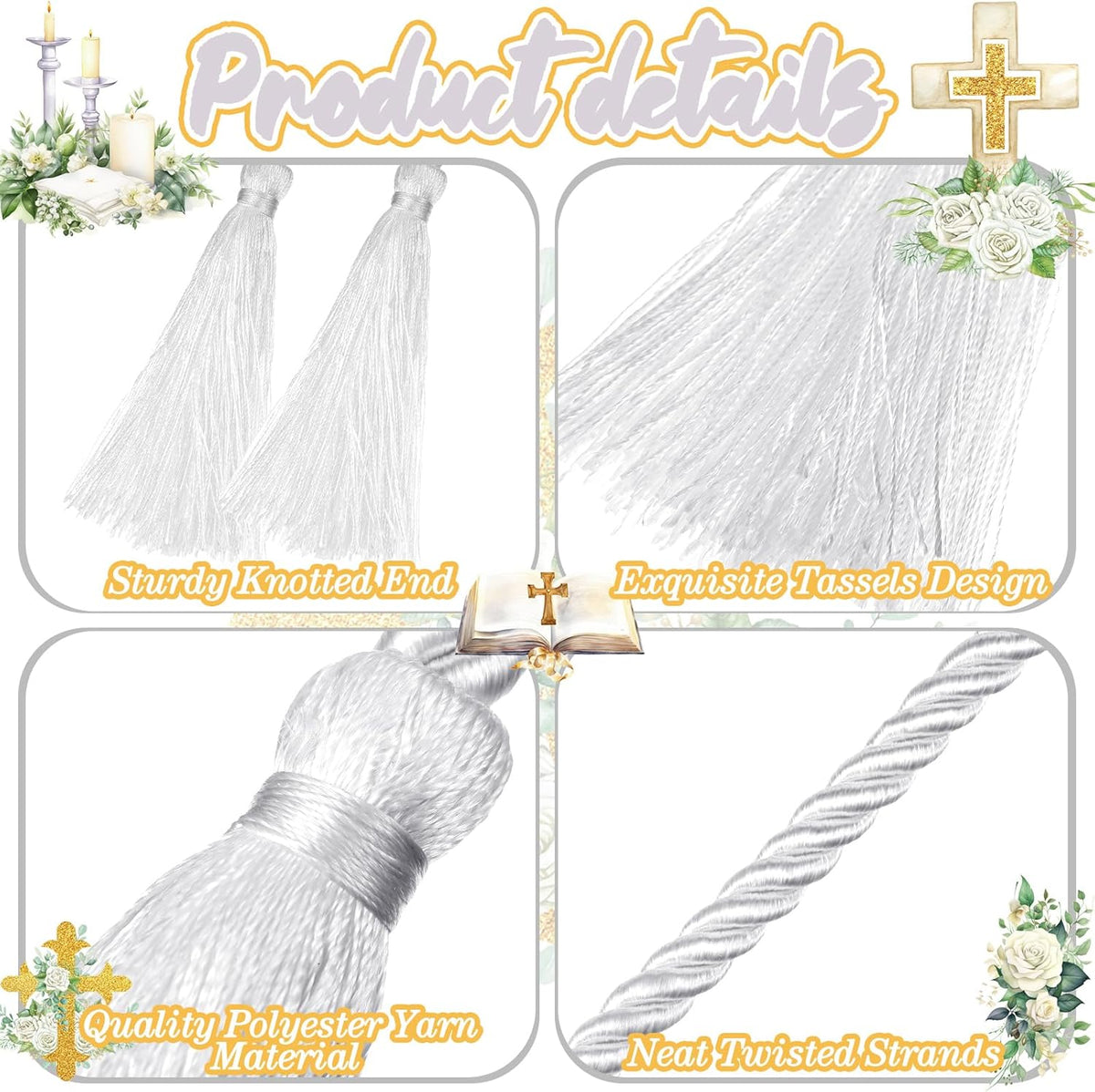 153 Inch Cincture Clergy Rope with Tassels Monks Religious Rites Celebrating Masses Alba Robes Vestments Ceremonial Decor of Christian Denominations for Priest Deacon Altar Server (White)