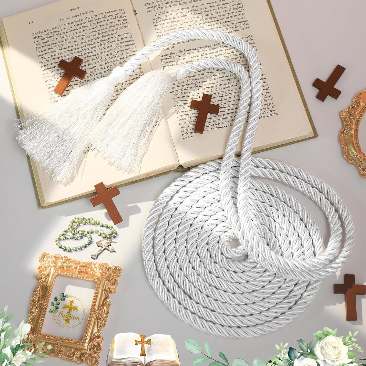 153 Inch Cincture Clergy Rope with Tassels Monks Religious Rites Celebrating Masses Alba Robes Vestments Ceremonial Decor of Christian Denominations for Priest Deacon Altar Server (White)