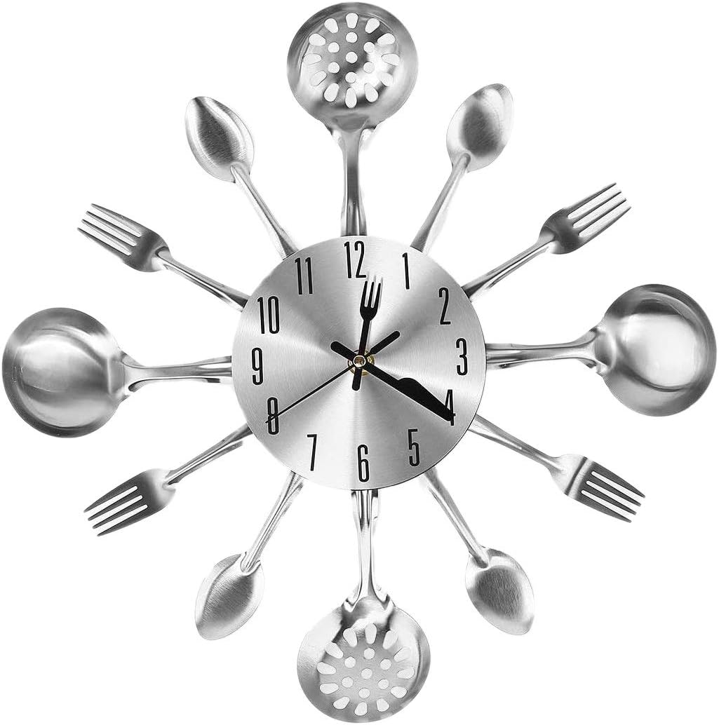 Metal Kitchen Cutlery Wall Clock 14 Inch with Fork Spoon 3D Non Ticking Quartz Watch Clock for Bedroom Home Decor,Silver