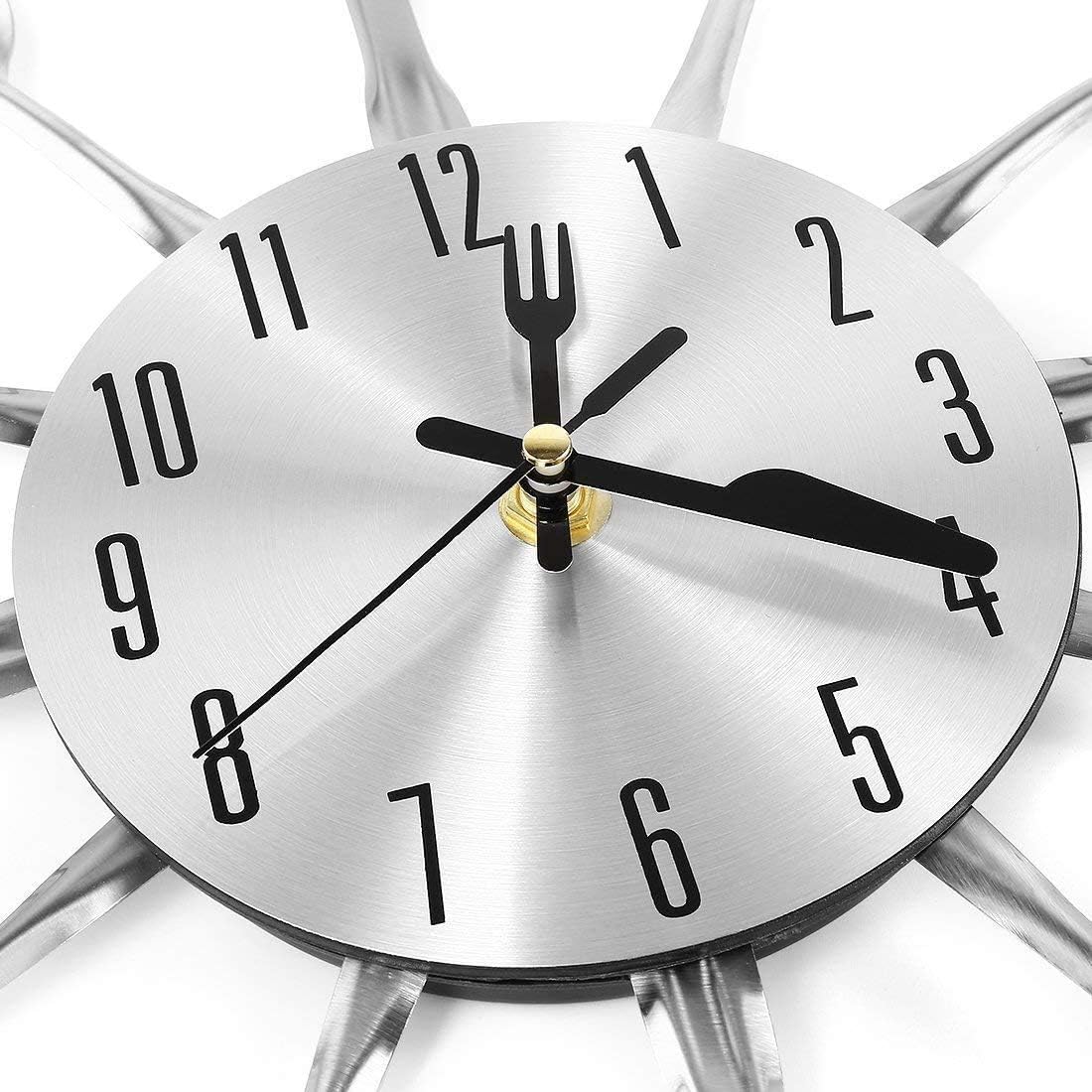 Metal Kitchen Cutlery Wall Clock 14 Inch with Fork Spoon 3D Non Ticking Quartz Watch Clock for Bedroom Home Decor,Silver